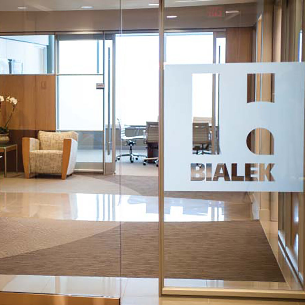 The interior entrance to Bialek Environments, a high-end office furnishings provider in Rockville, MD.