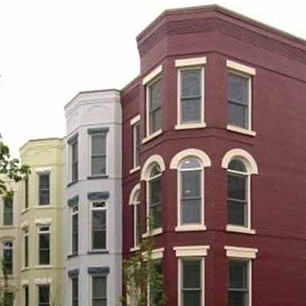 The exterior building design of Bryan Square Townhomes in Washington, DC.