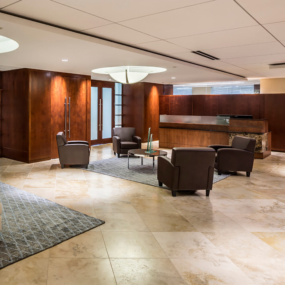 Sleek interior design work inside of a Diamond Rock Hospitality lobby in Bethesda, MD.