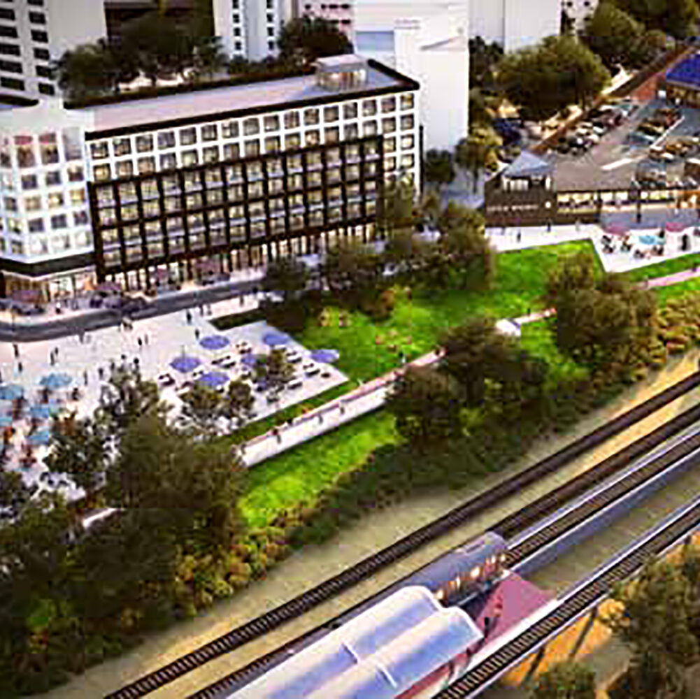 An aerial view of a mixed-use project located in the Edgewood neighborhood near the metro in Washington, DC.