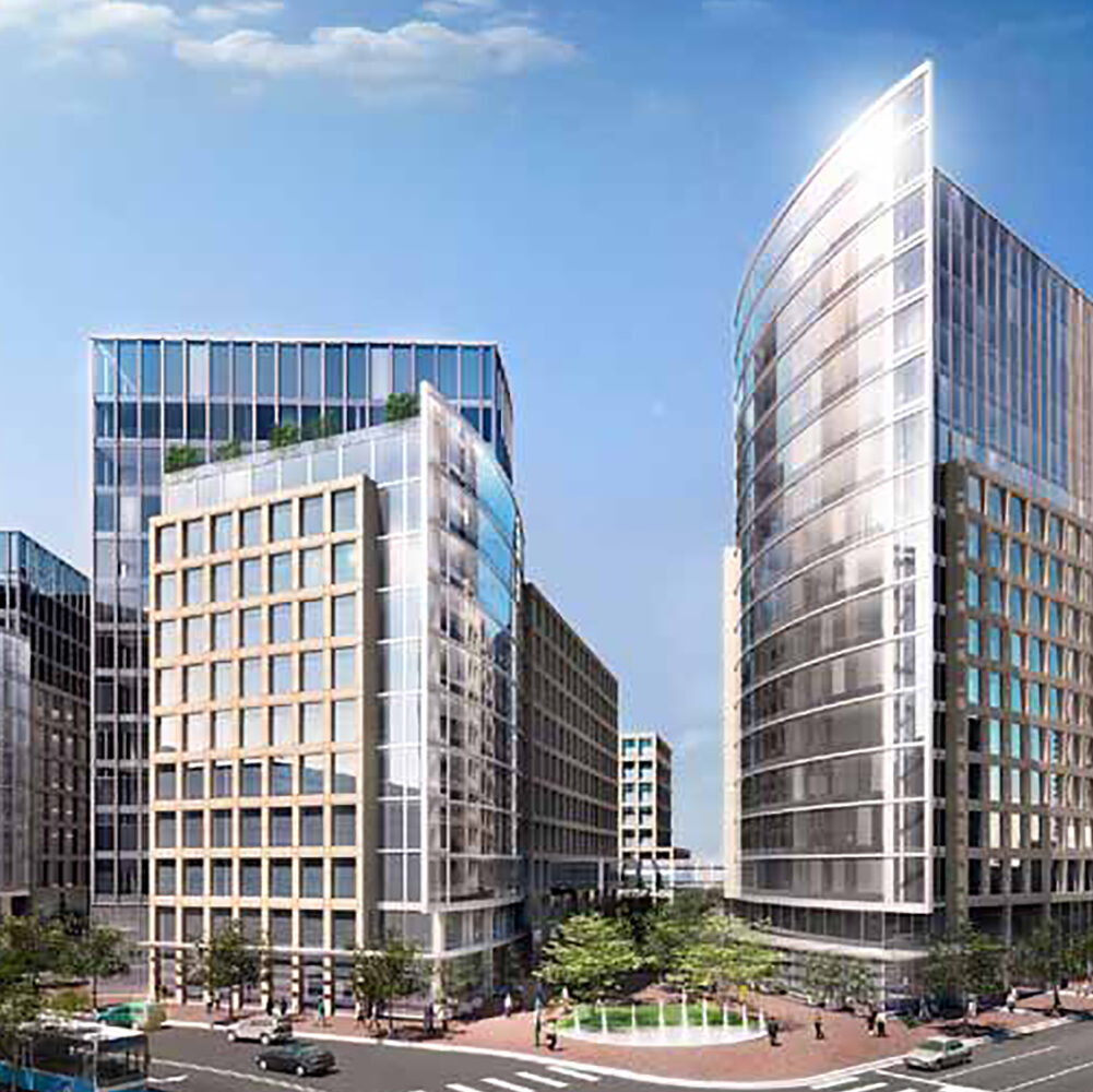 The exterior design of a mixed-use development completed by Penney Design Group at 585 N Glebe Road in Arlington, VA.