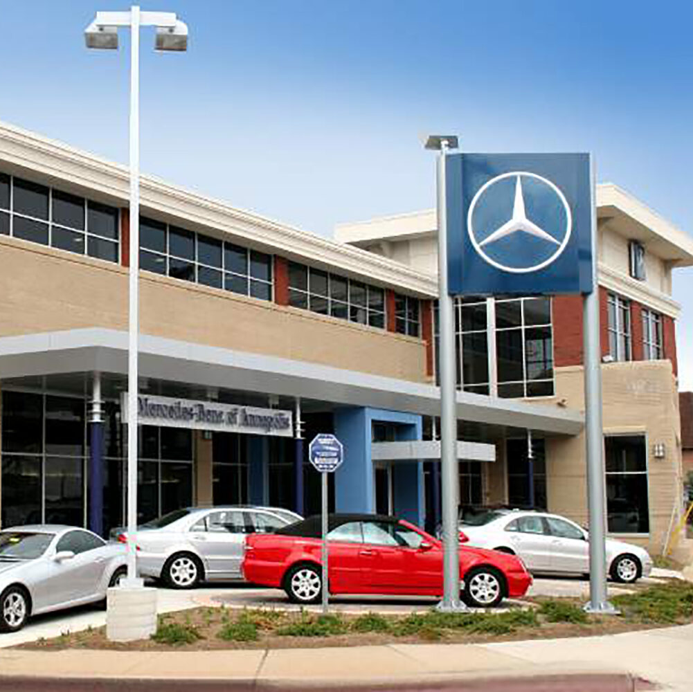 Cars on display outside Mercedes-Benz of Annapolis, an automotive dealership in Maryland.