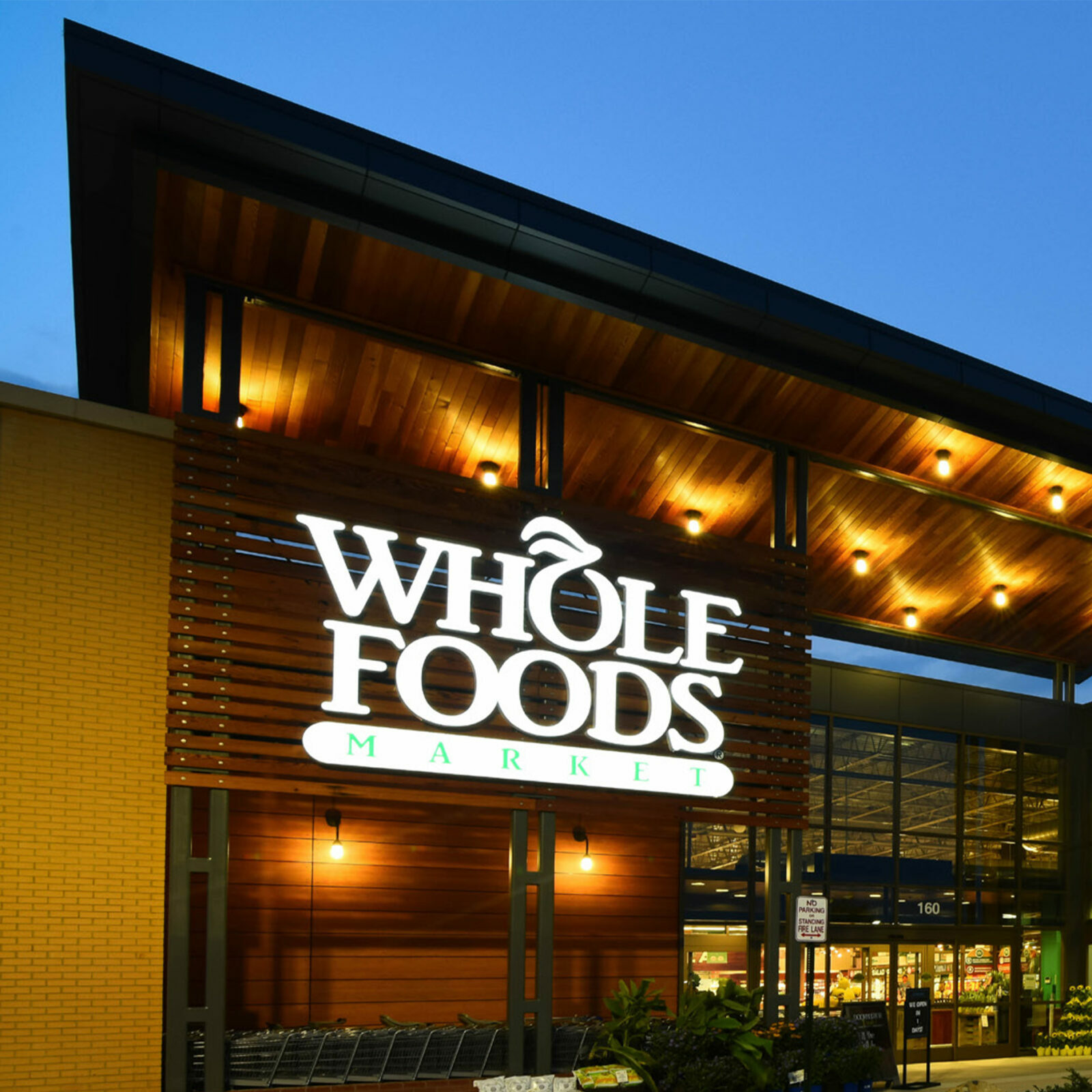 Exterior of the front entrance to Whole Foods in Ashburn, Virginia.