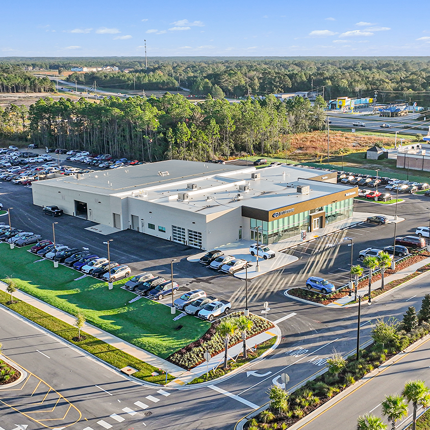 An aerial view showing the exterior car dealership design at Matt Bowers Hyundai in Gulfport, Mississippi.