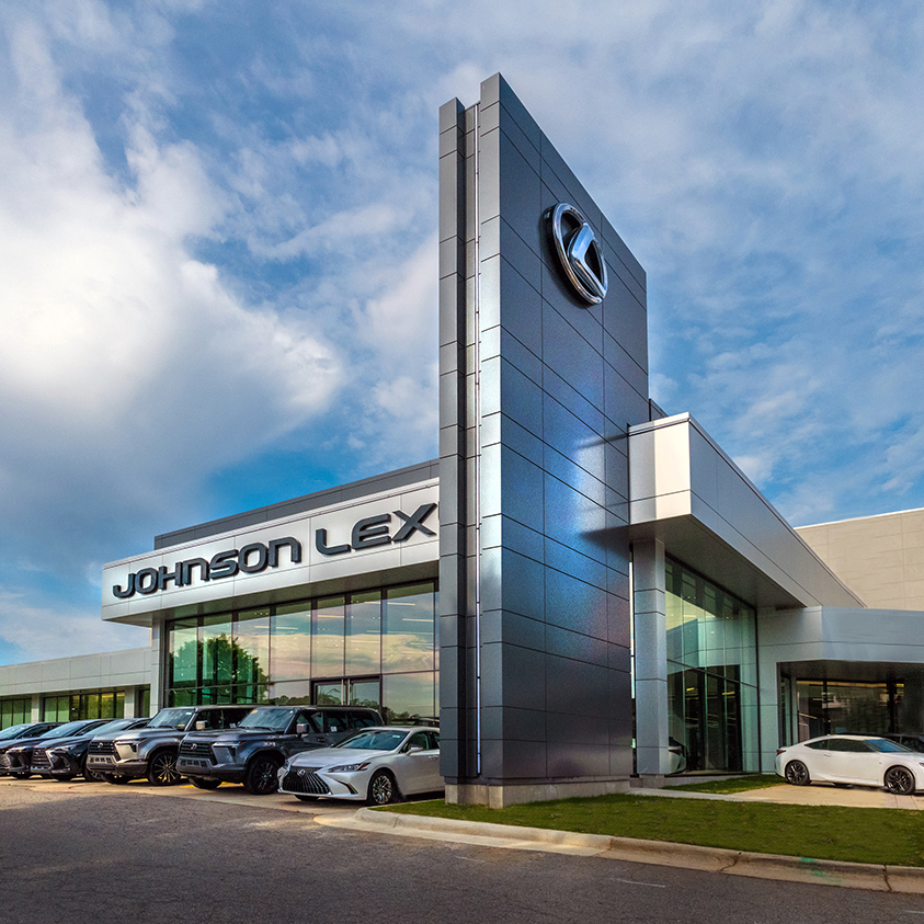 The exterior of Johnson Lexus Of Raleigh's car dealership design following a commercial renovation.